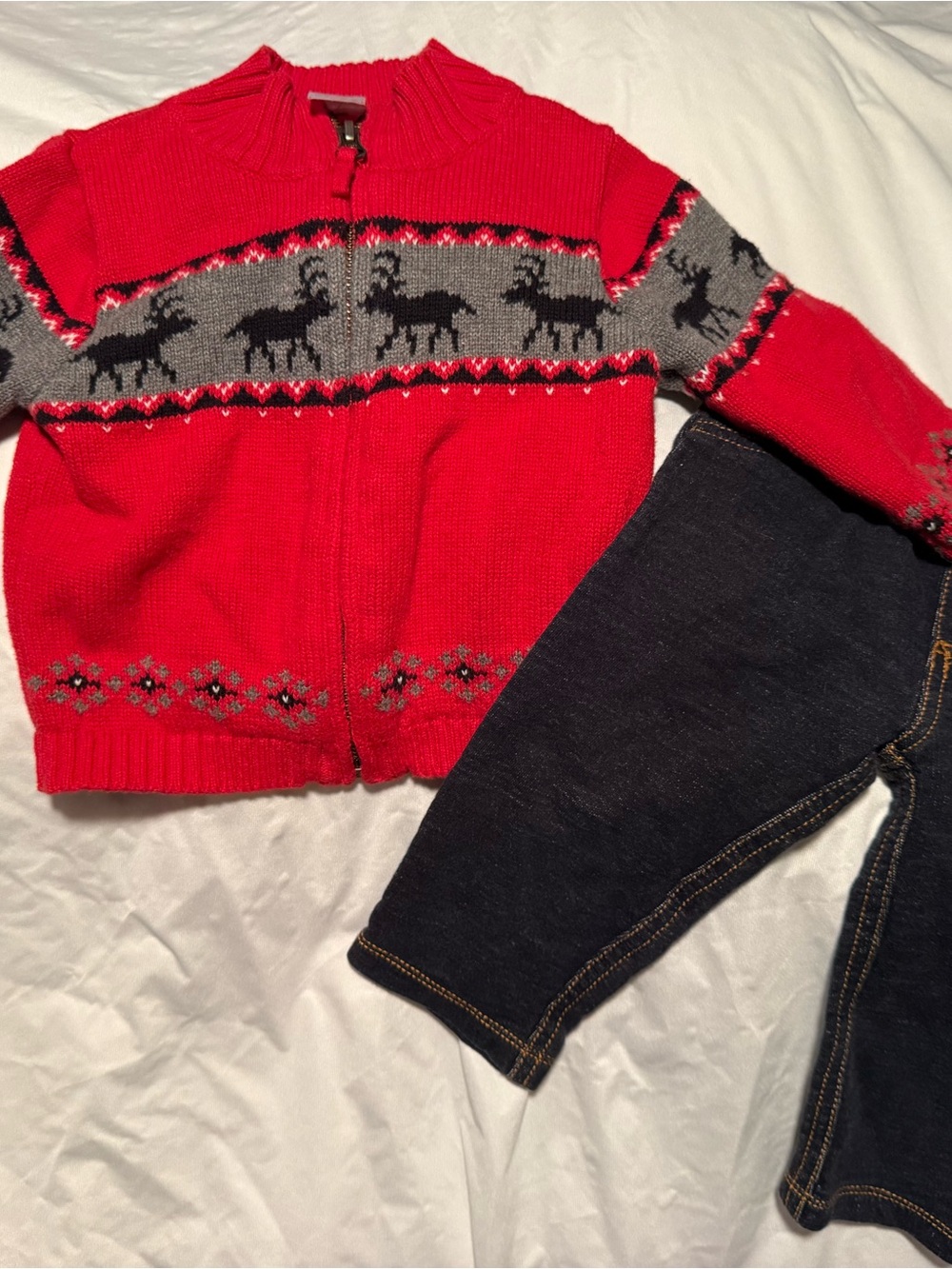 Carter’s Red Kids Zip-Up Sweater Jacket with Reindeer Motif and Denim Jeans